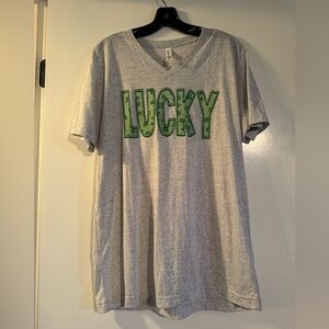 NWOT Gray V-Neck T-Shirt with Green 'LUCKY' Print